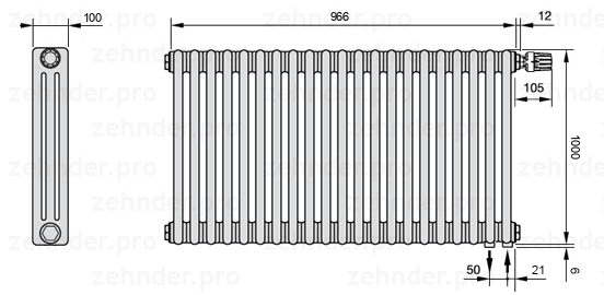 Схема (чертеж) Радиатор Zehnder Charleston 3100/21 №V002 Белый глянцевый RAL 9016